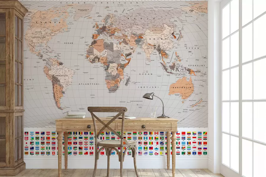 wall murals A political map of the world featuring flags in shades of brown and beige. In Polish c00004plv2