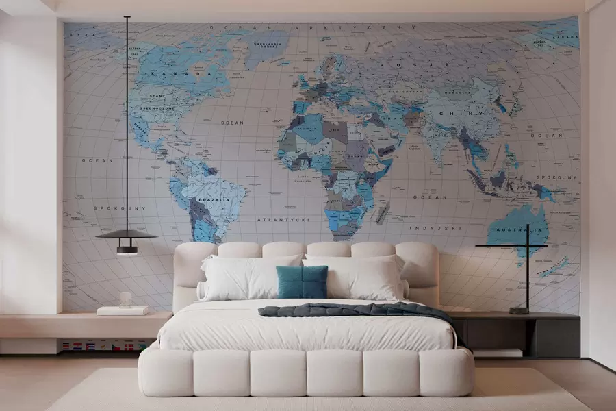 wall murals A political map of the world with flags in shades of blue. In Polish c00004plv3