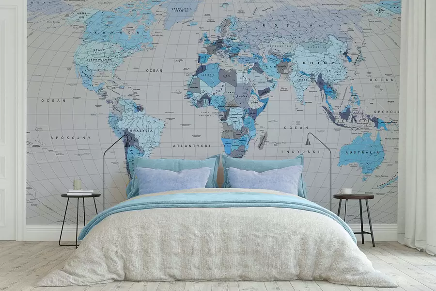 wall murals A political map of the world with flags in shades of blue. In Polish c00004plv3