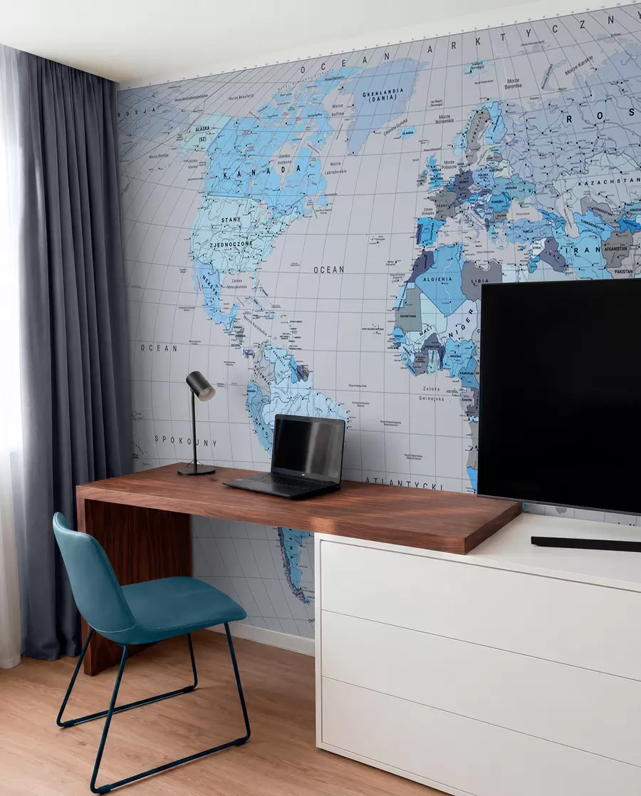 wall murals A political map of the world with flags in shades of blue. In Polish c00004plv3