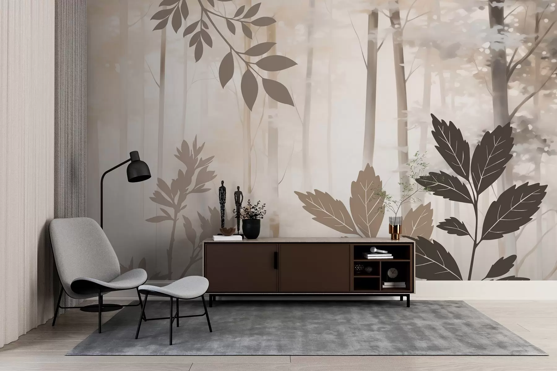 wall murals Silhouettes of vegetation against the background of an abstract forest w05586