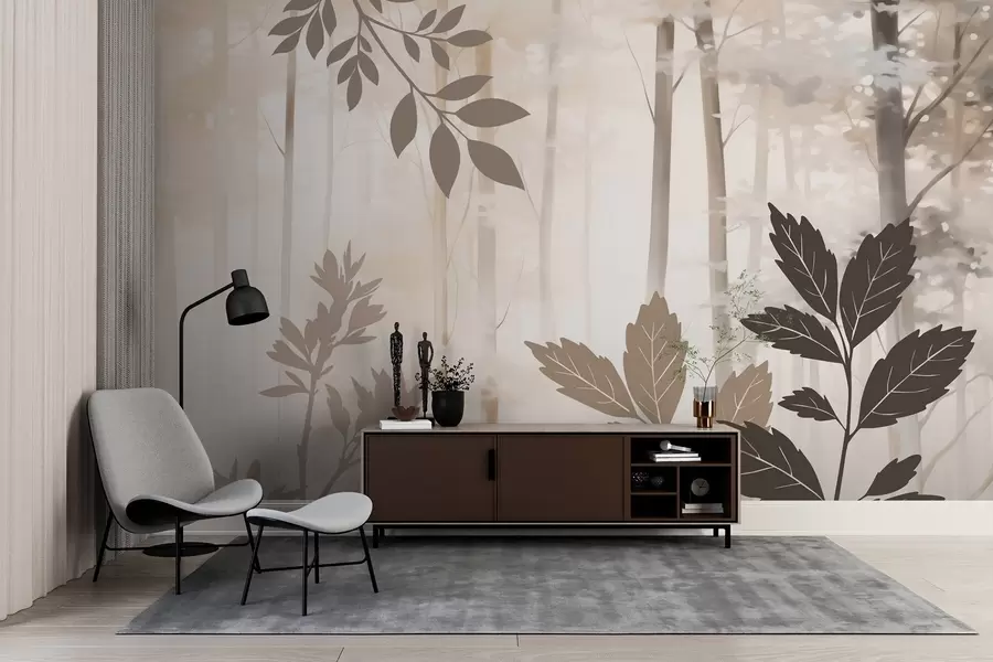 wall murals Silhouettes of vegetation against the background of an abstract forest w05586