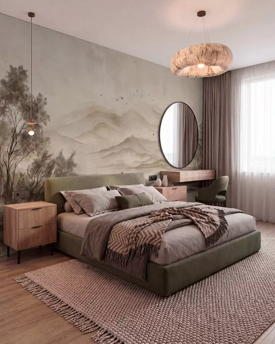 wall murals Misty mountain landscape with river and birds w05535