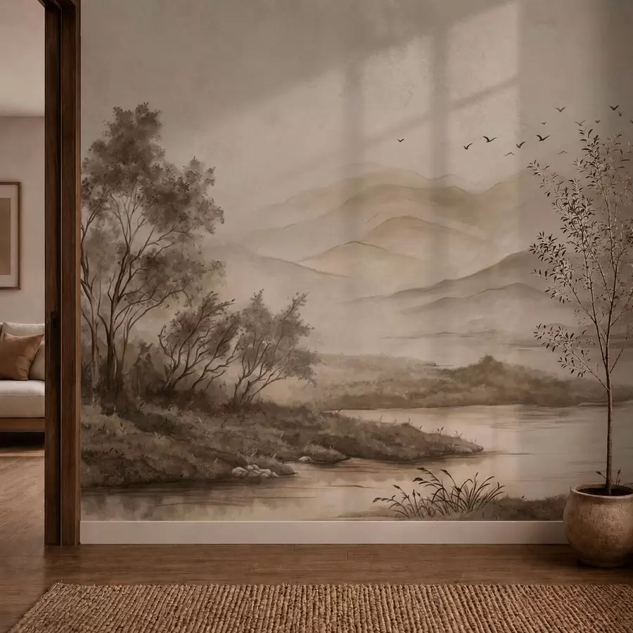 wall murals Misty mountain landscape with river and birds w05535
