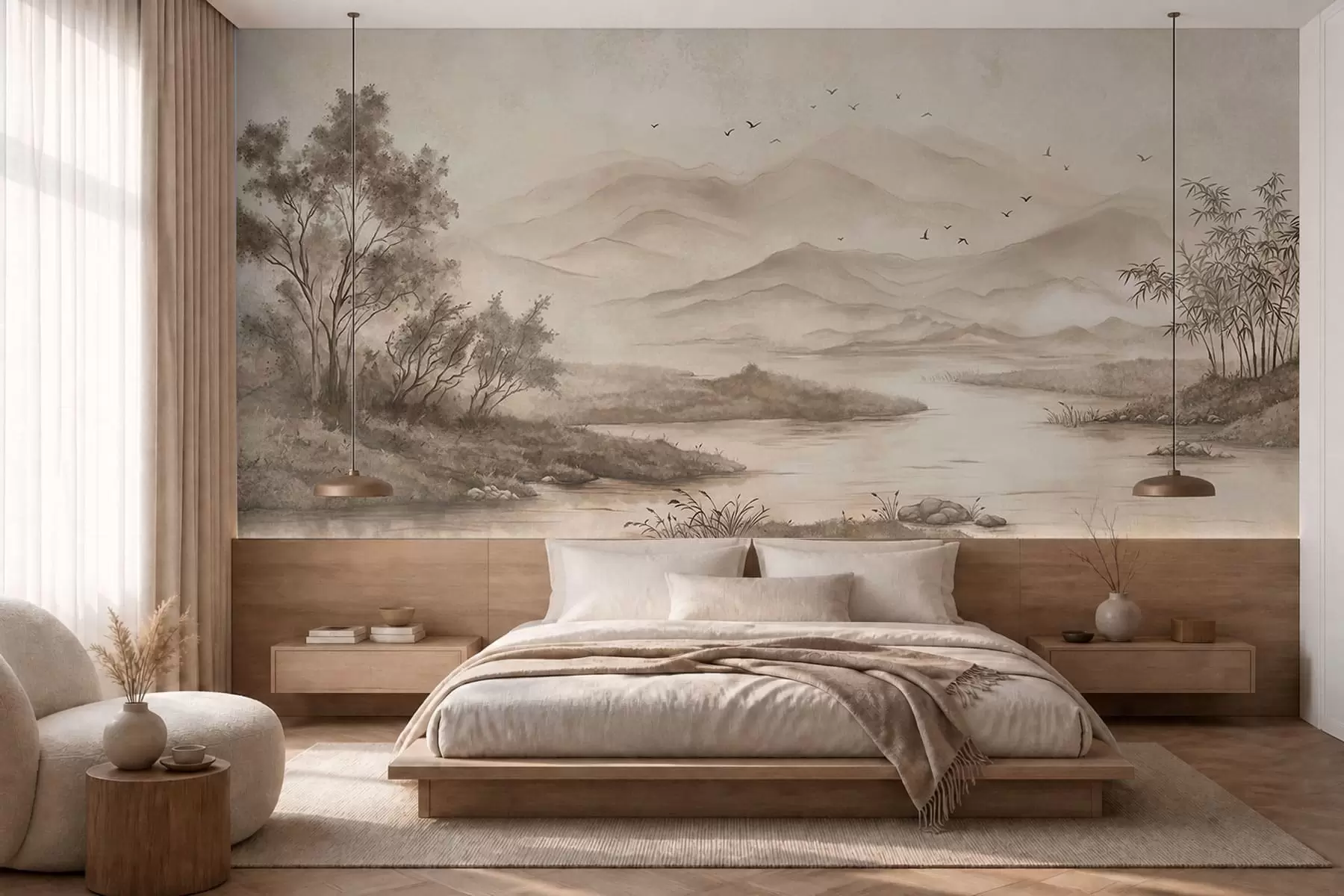 wall murals Calm landscape with river and distant mountains w05535v1