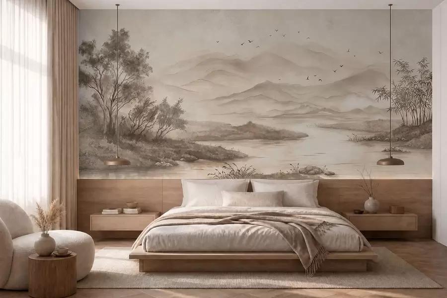 wall murals Calm landscape with river and distant mountains w05535v1