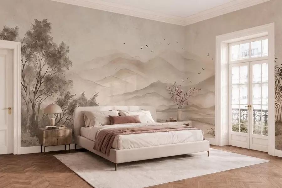 wall murals Calm landscape with river and distant mountains w05535v1
