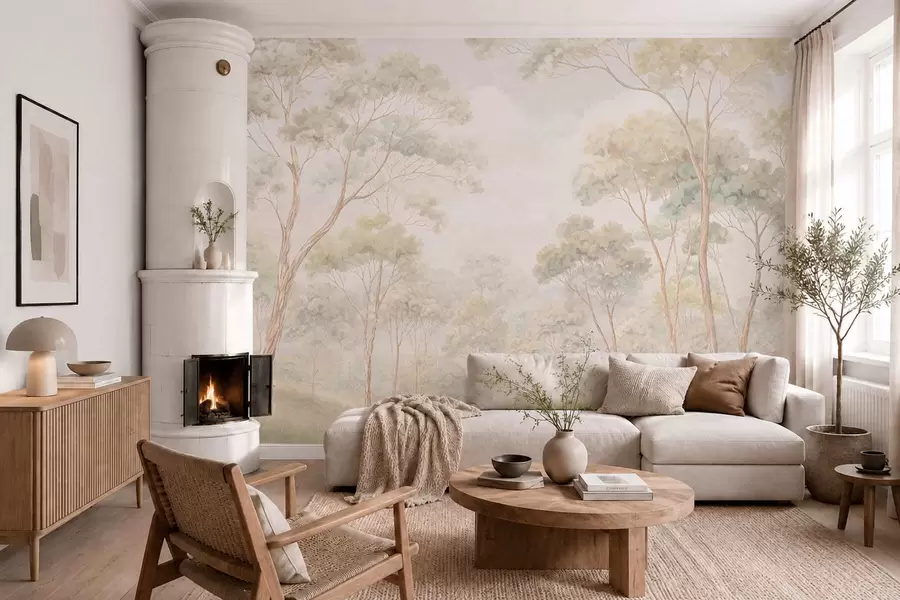 wall murals Light forest scene with tall trees w05624