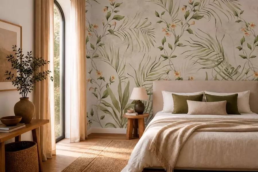 wall murals Tropical leaves and soft flowers on beige background w05625