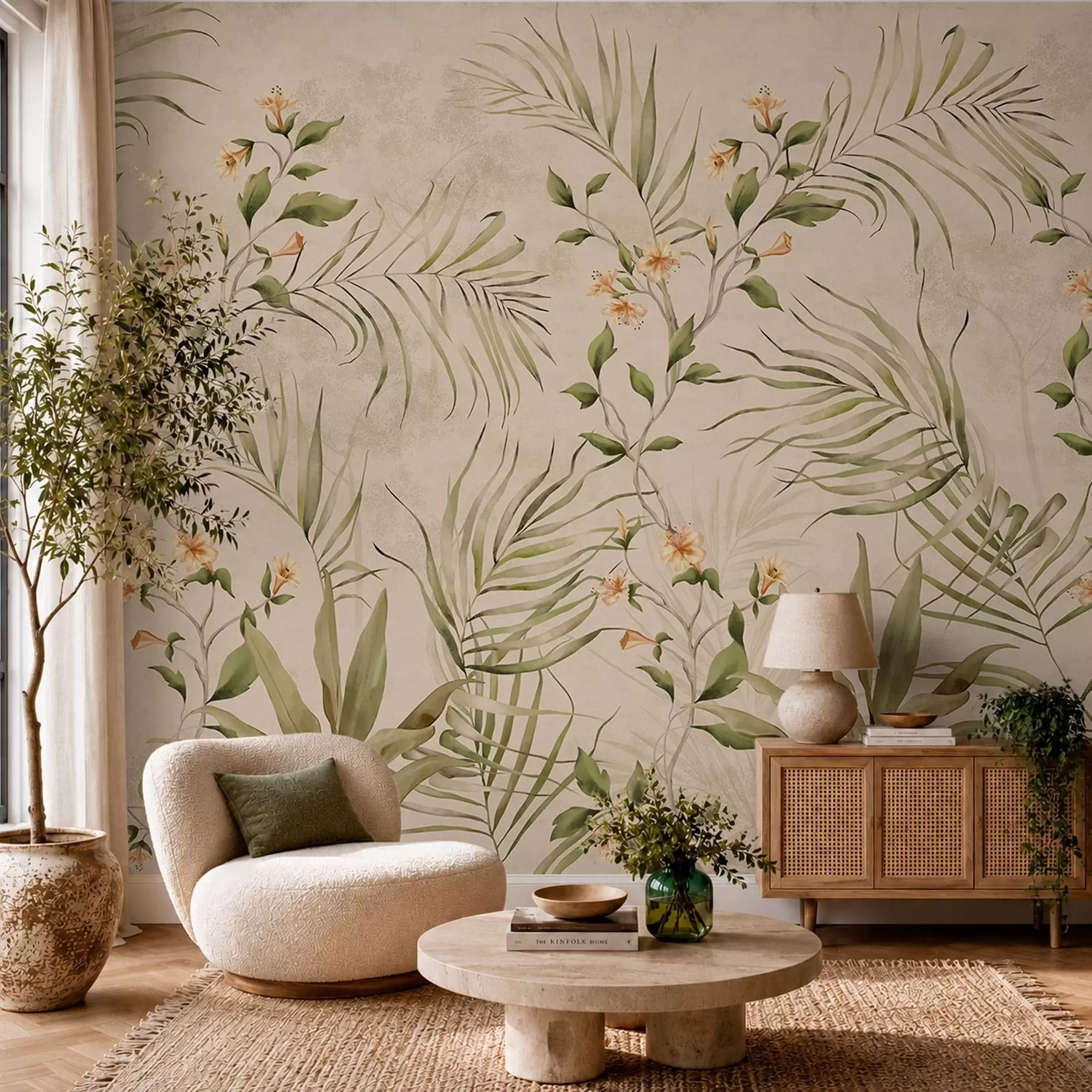 wall murals Tropical leaves and soft flowers on beige background w05625