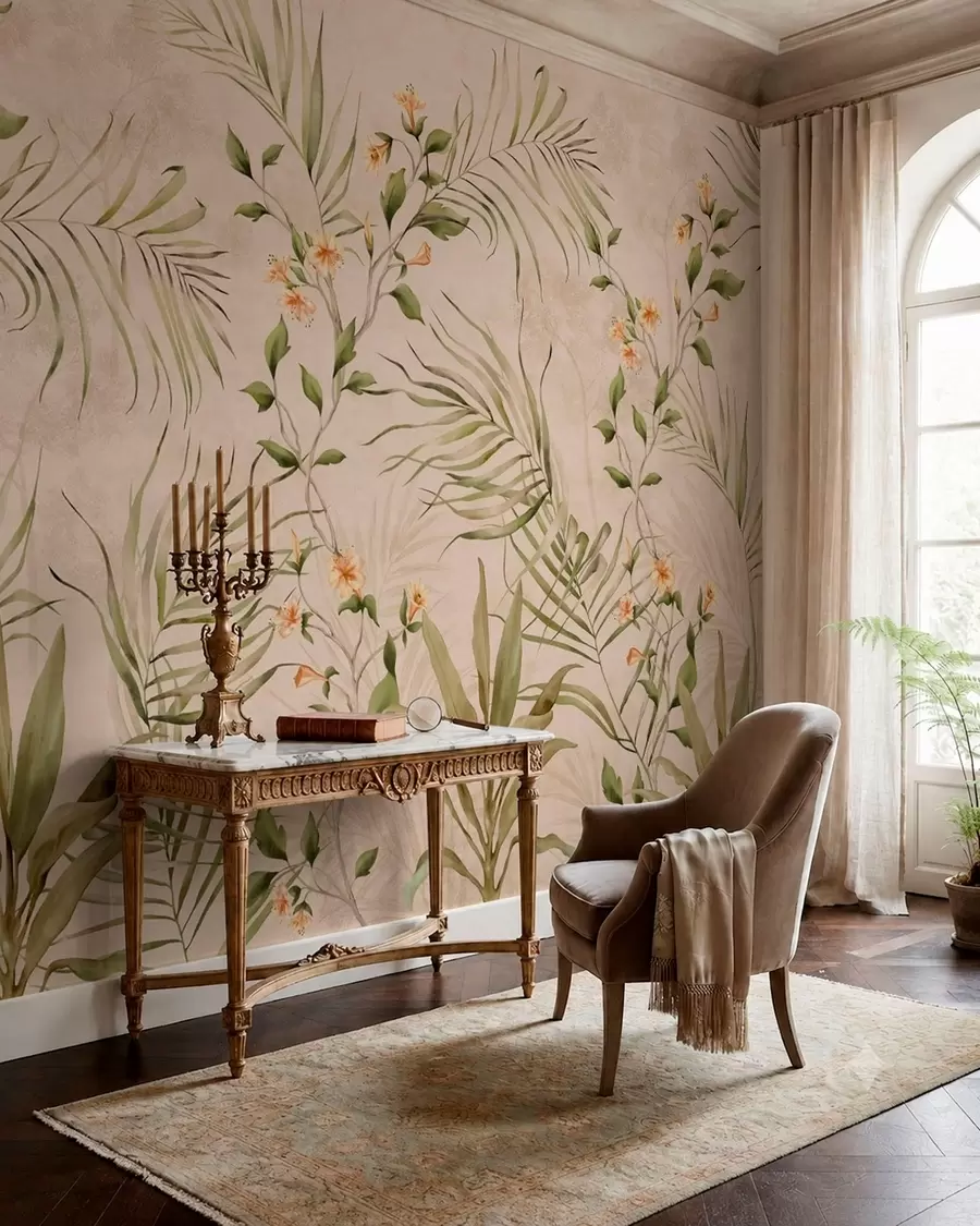 wall murals Tropical leaves and soft flowers on beige background w05625