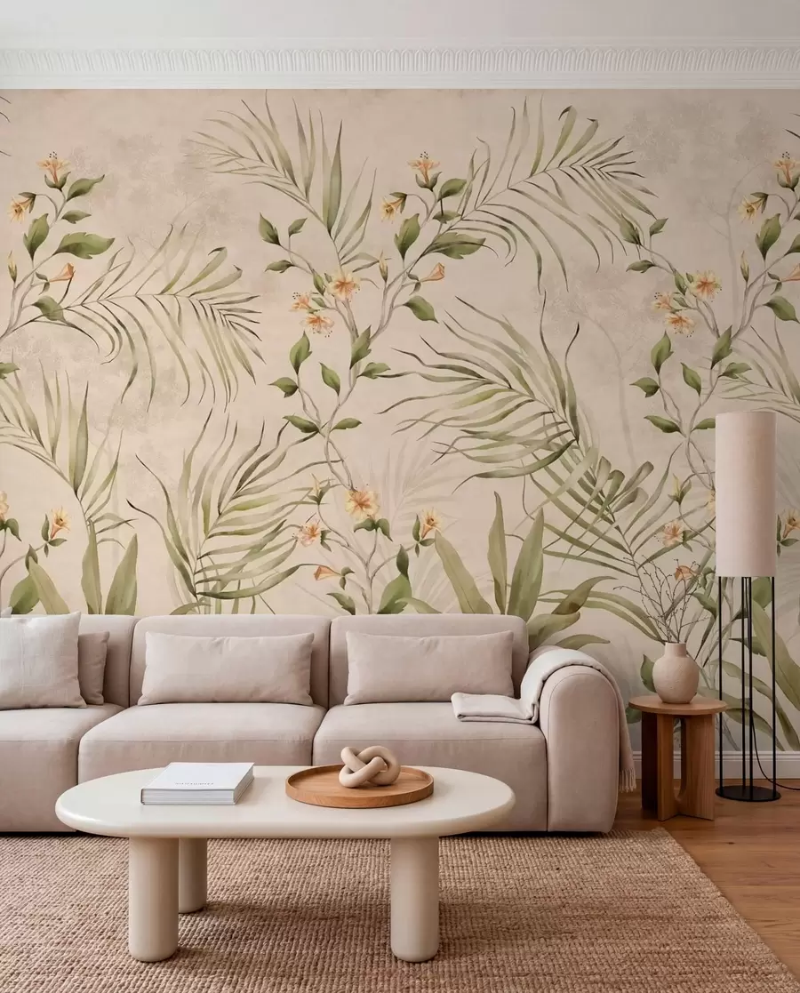 wall murals Tropical leaves and soft flowers on beige background w05625