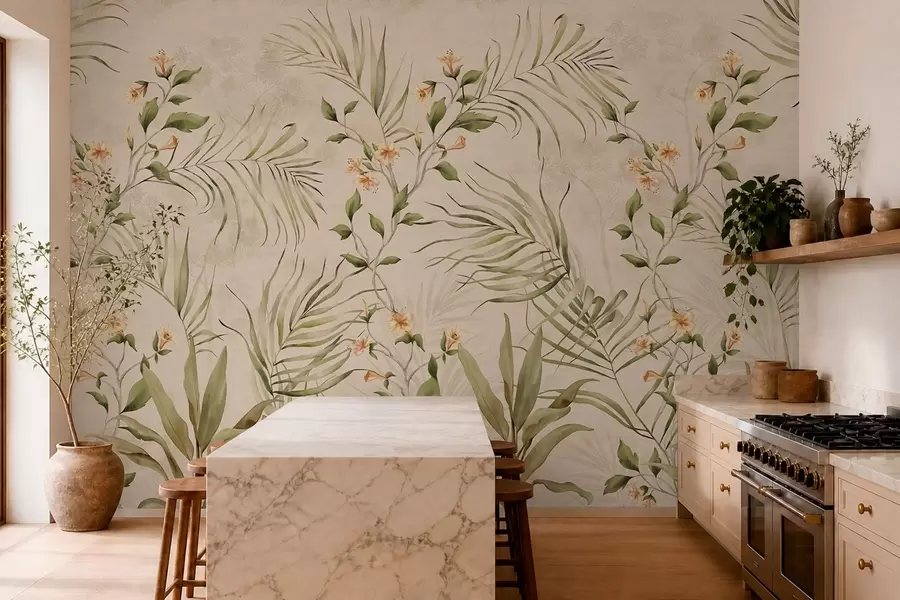 wall murals Tropical leaves and soft flowers on beige background w05625