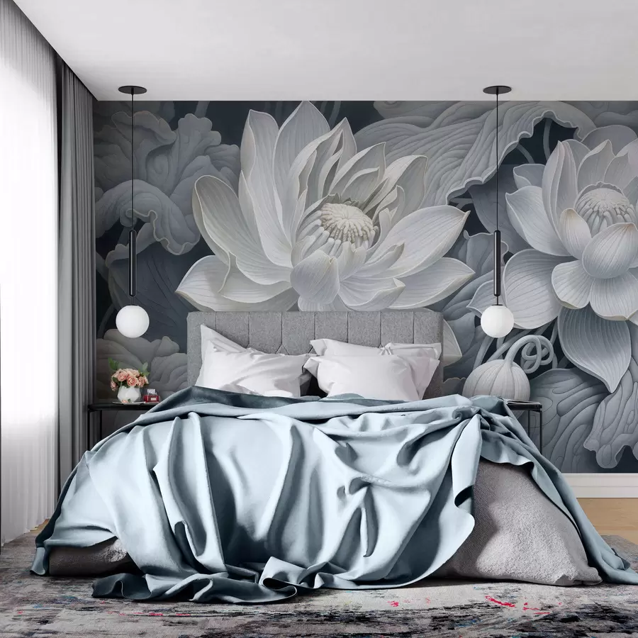 wall murals Vintage lotus flowers with soft sepia tones and detailed petals, artistic botanical illustration w05494