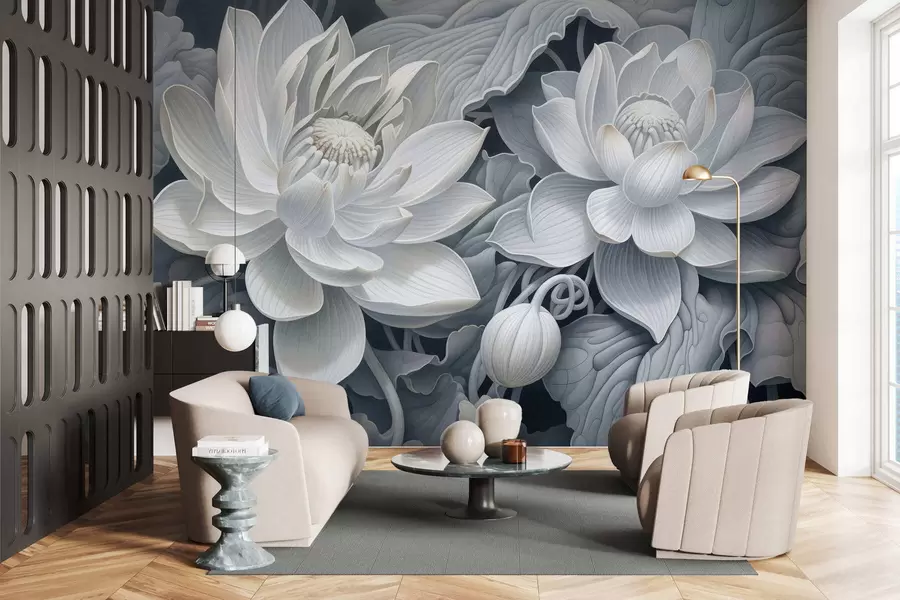 wall murals Vintage lotus flowers with soft sepia tones and detailed petals, artistic botanical illustration w05494