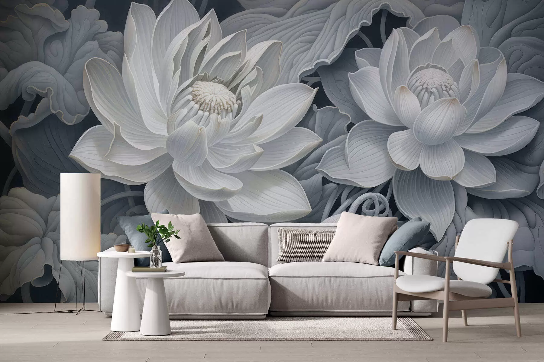 wall murals Vintage lotus flowers with soft sepia tones and detailed petals, artistic botanical illustration w05494