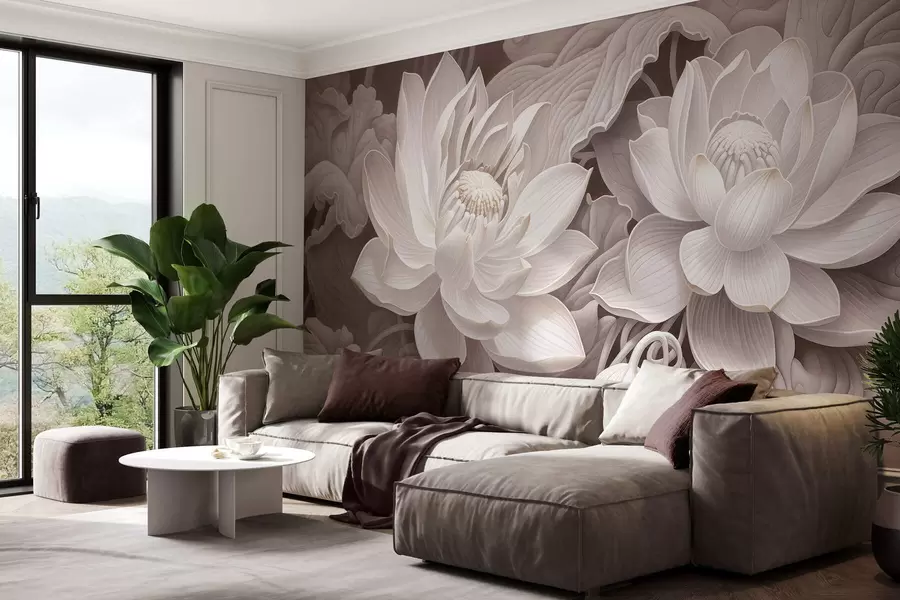 wall murals Vintage lotus flowers with soft sepia tones and detailed petals, artistic botanical illustration w05494v1