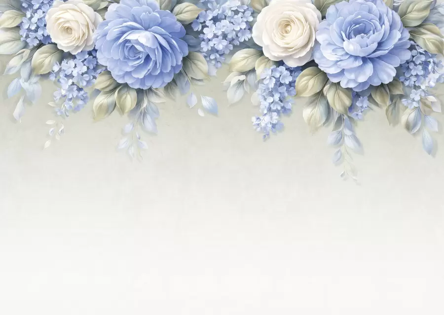 wall murals Delicate roses and floral clusters in a porcelain-inspired botanical composition with soft layered petals and elegant flowing leaves w05495