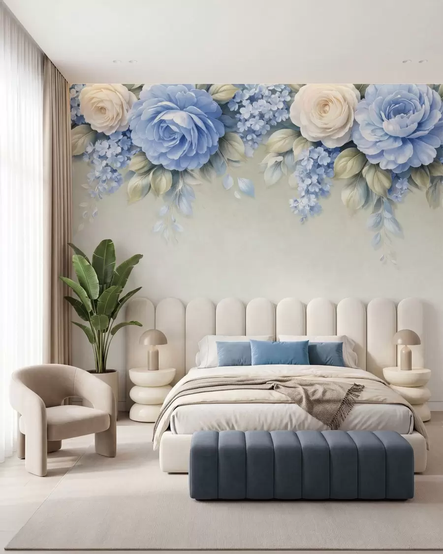 wall murals Delicate roses and floral clusters in a porcelain-inspired botanical composition with soft layered petals and elegant flowing leaves w05495