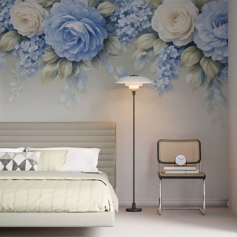 wall murals Delicate roses and floral clusters in a porcelain-inspired botanical composition with soft layered petals and elegant flowing leaves w05495