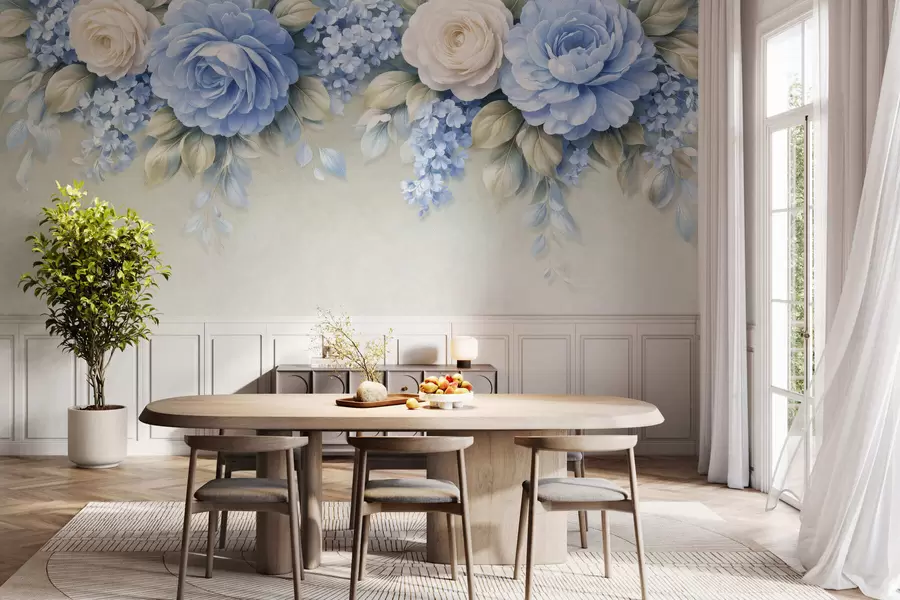 wall murals Delicate roses and floral clusters in a porcelain-inspired botanical composition with soft layered petals and elegant flowing leaves w05495
