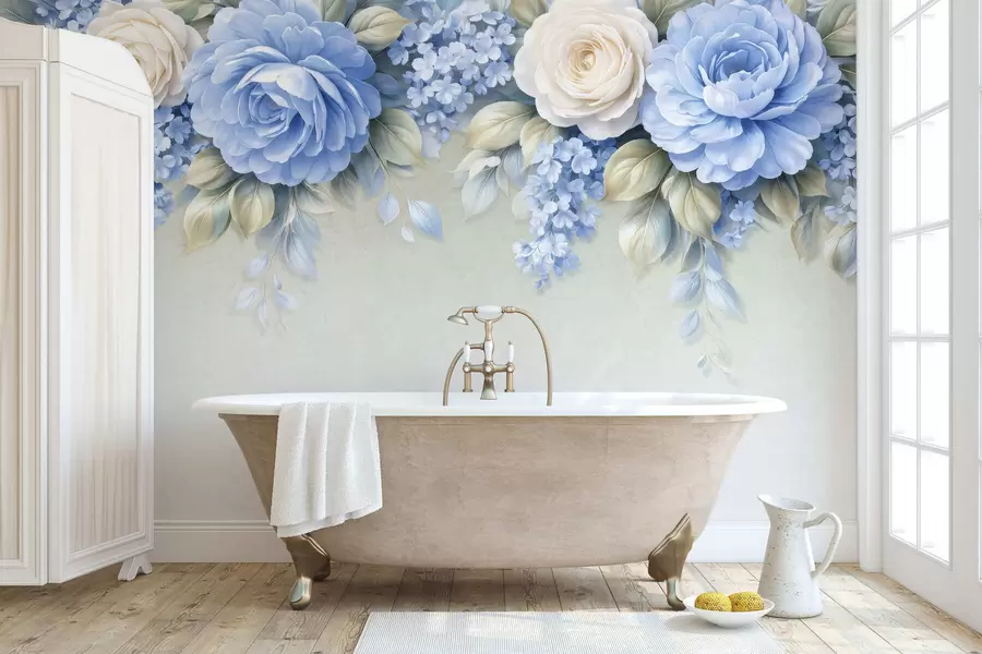 wall murals Delicate roses and floral clusters in a porcelain-inspired botanical composition with soft layered petals and elegant flowing leaves w05495