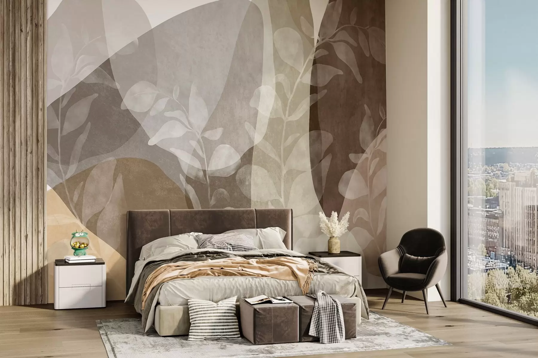 wall murals Abstract shapes in earthy tones overlap with transparent botanical elements, textured art w09865