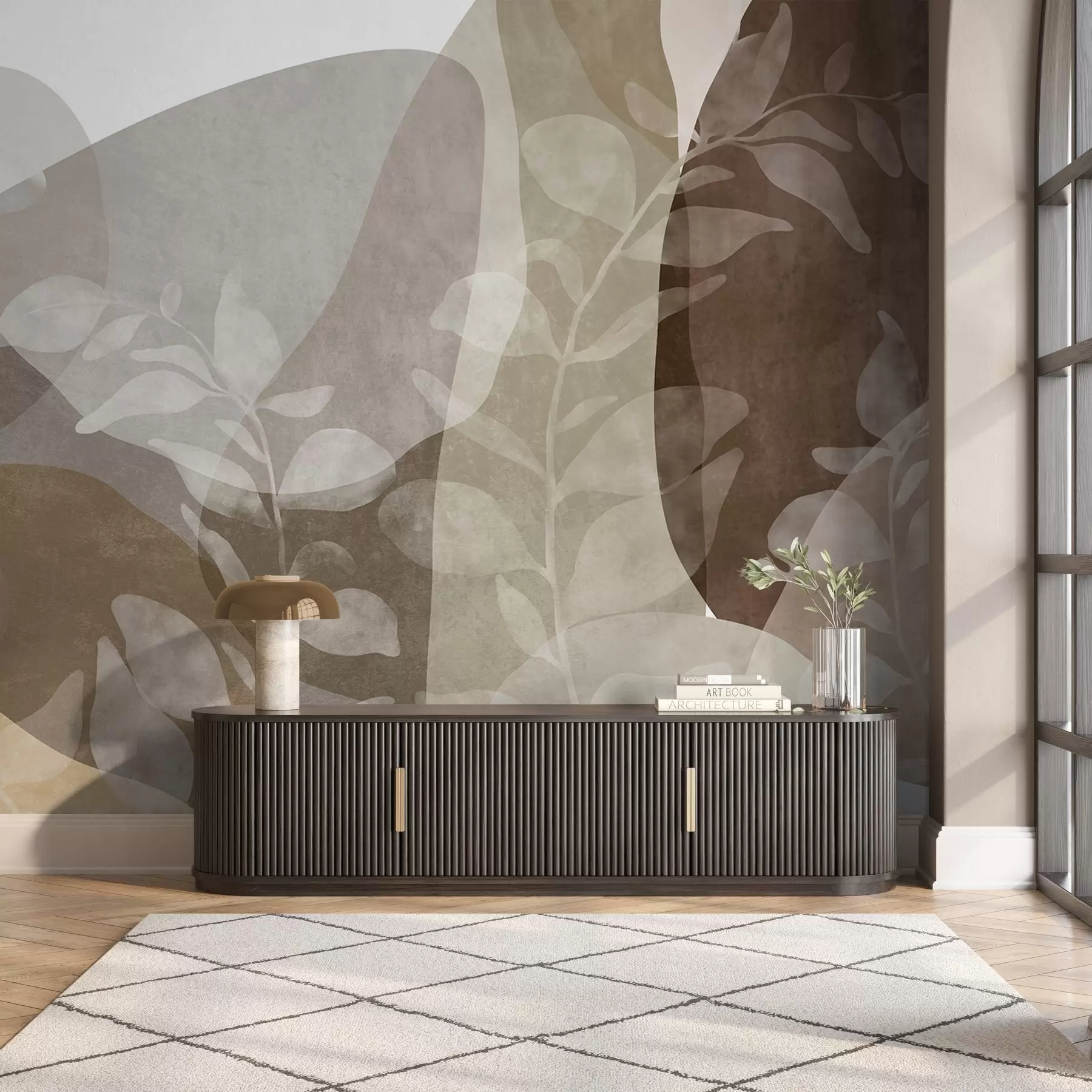 wall murals Abstract shapes in earthy tones overlap with transparent botanical elements, textured art w09865