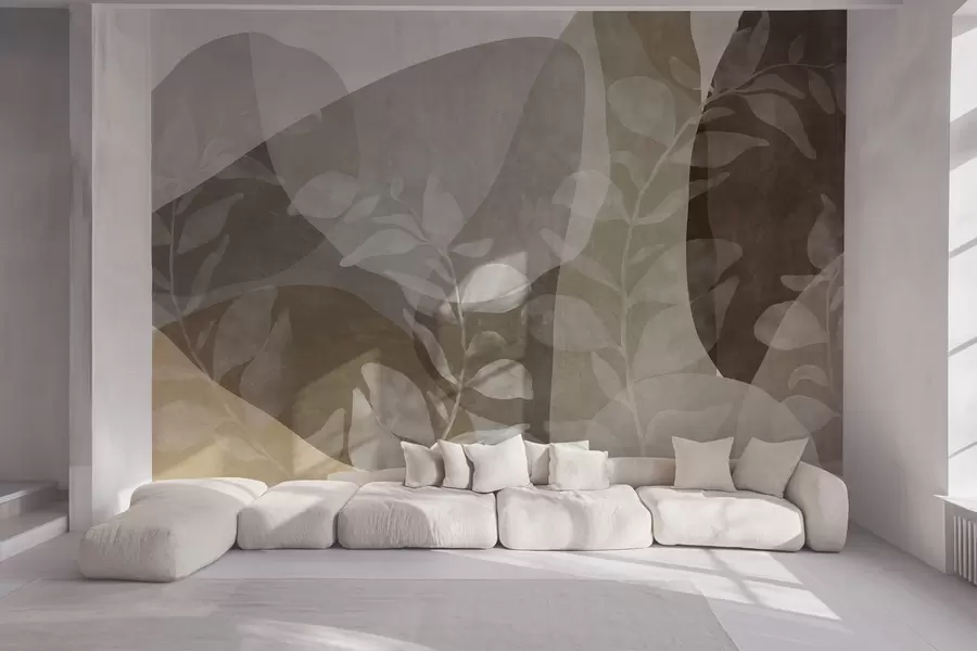 wall murals Abstract shapes in earthy tones overlap with transparent botanical elements, textured art w09865
