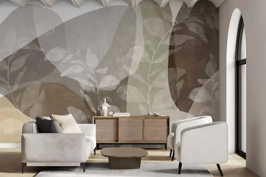 wall murals Abstract shapes in earthy tones overlap with transparent botanical elements, textured art w09865