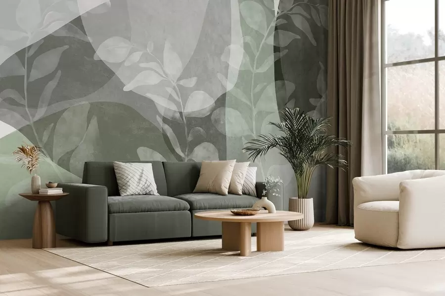 wall murals Abstract shapes in green tones overlap with transparent botanical elements, textured art w09865v2