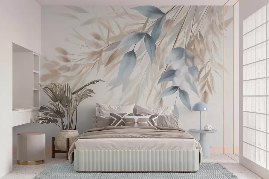 wall murals Textured dried grass, pampas grass and blue leaves, painted in a soft, watercolor style w09868