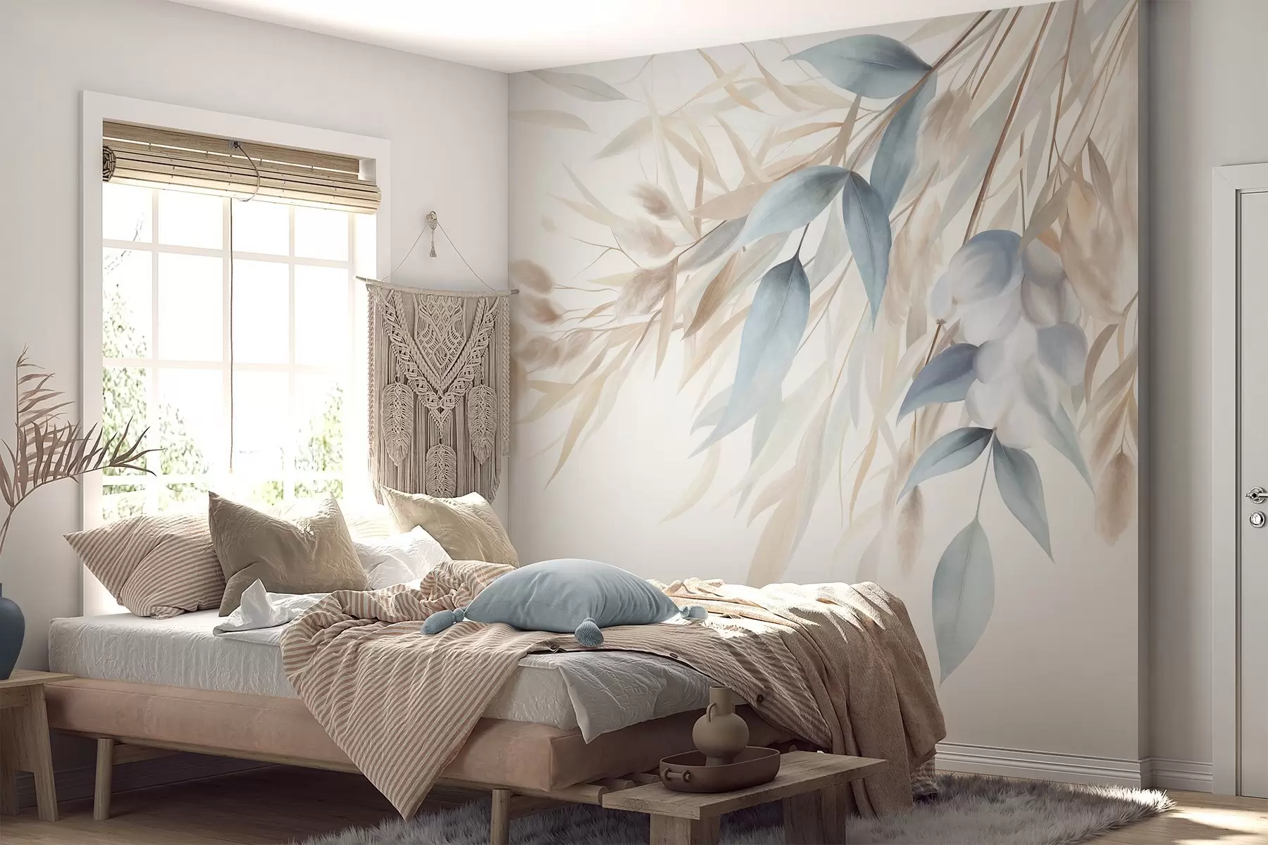 wall murals Textured dried grass, pampas grass and blue leaves, painted in a soft, watercolor style w09868