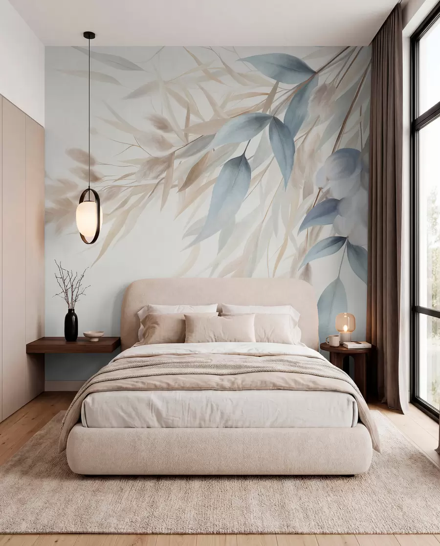 wall murals Textured dried grass, pampas grass and blue leaves, painted in a soft, watercolor style w09868