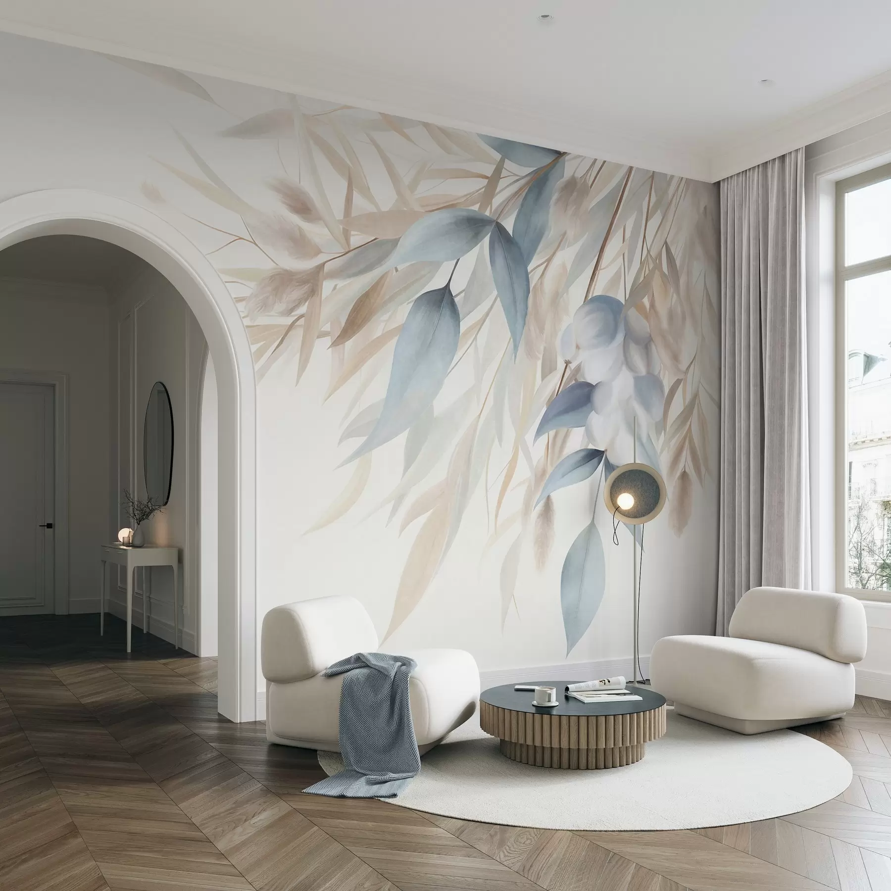 wall murals Textured dried grass, pampas grass and blue leaves, painted in a soft, watercolor style w09868