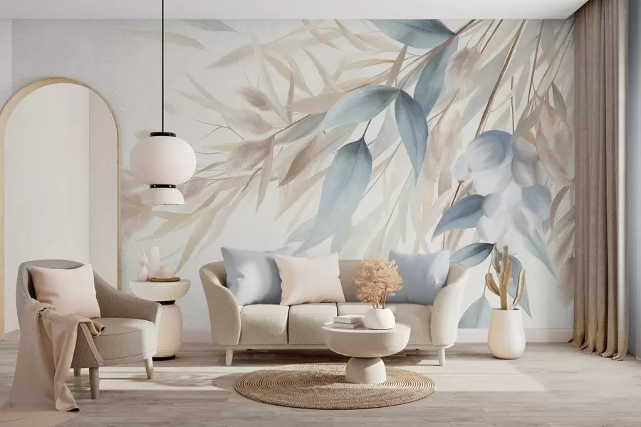 wall murals Textured dried grass, pampas grass and blue leaves, painted in a soft, watercolor style w09868