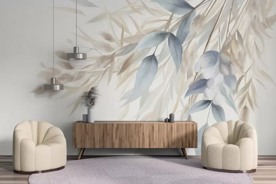 wall murals Textured dried grass, pampas grass and blue leaves, painted in a soft, watercolor style w09868