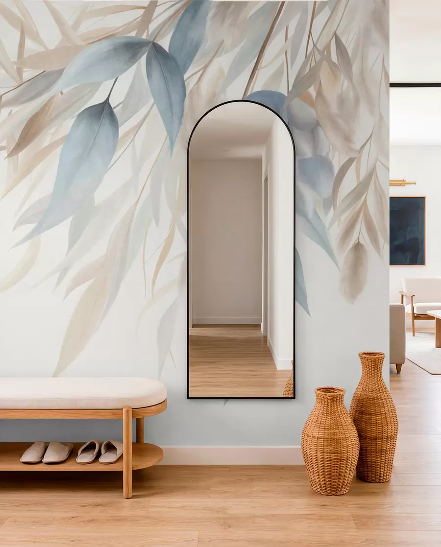 wall murals Textured dried grass, pampas grass and blue leaves, painted in a soft, watercolor style w09868
