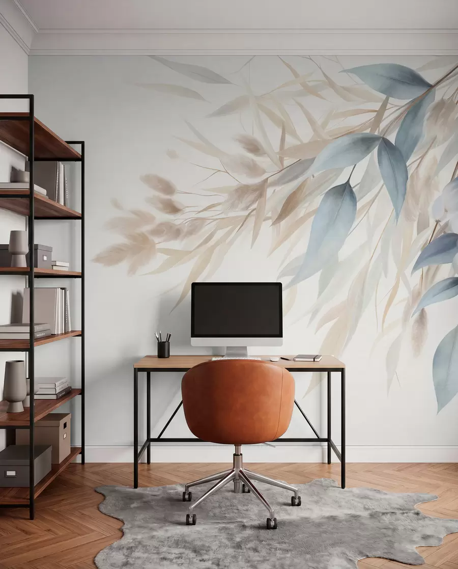 wall murals Textured dried grass, pampas grass and blue leaves, painted in a soft, watercolor style w09868