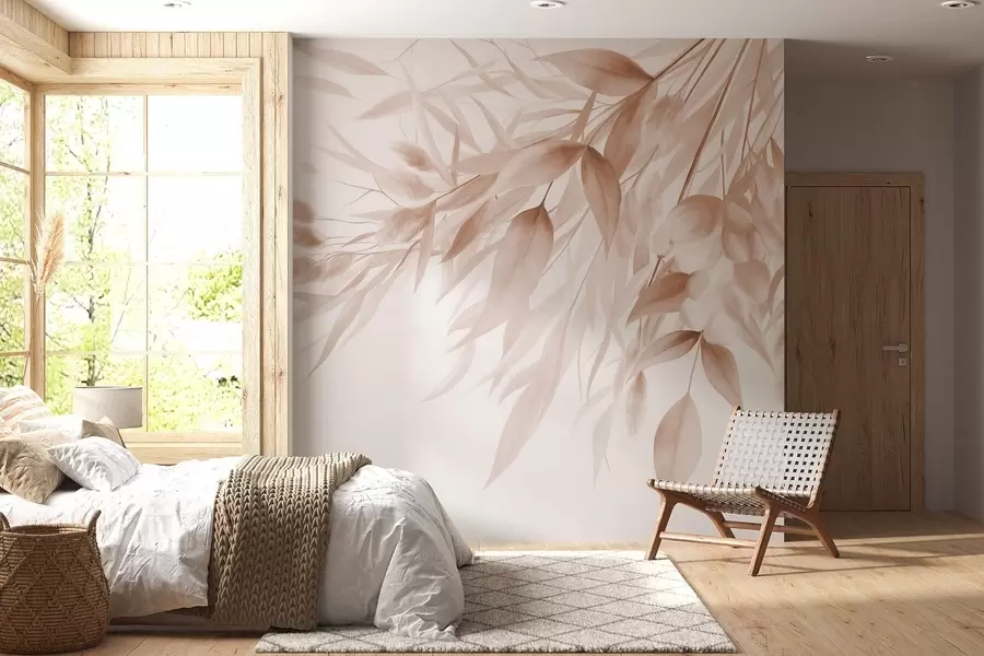 wall murals Textured dried grass, pampas grass and leaves, painted in a soft, watercolor style w09868v1