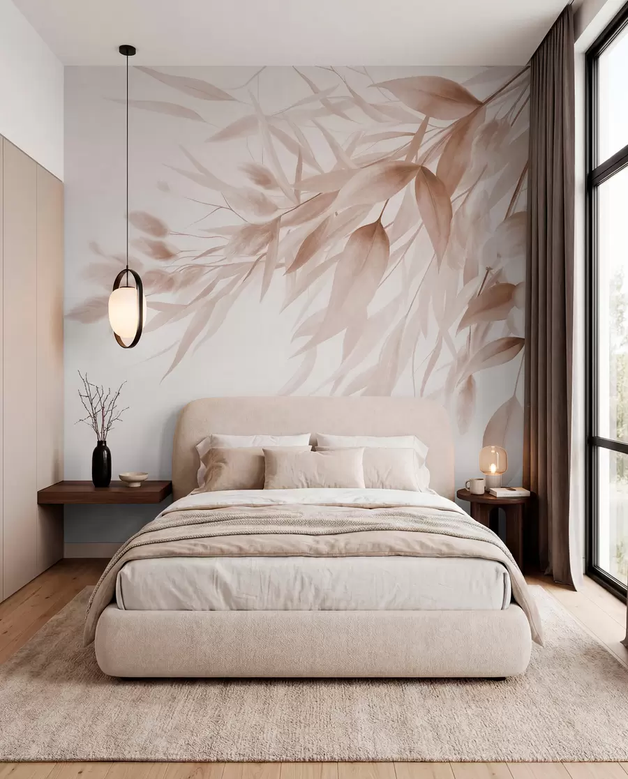 wall murals Textured dried grass, pampas grass and leaves, painted in a soft, watercolor style w09868v1