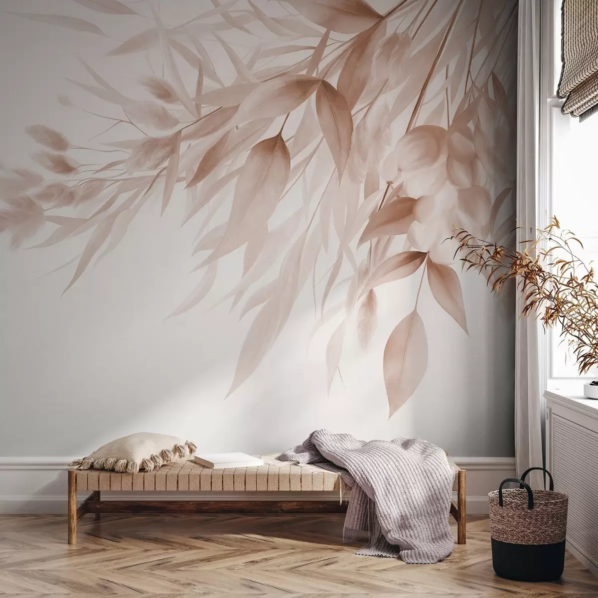 wall murals Textured dried grass, pampas grass and leaves, painted in a soft, watercolor style w09868v1