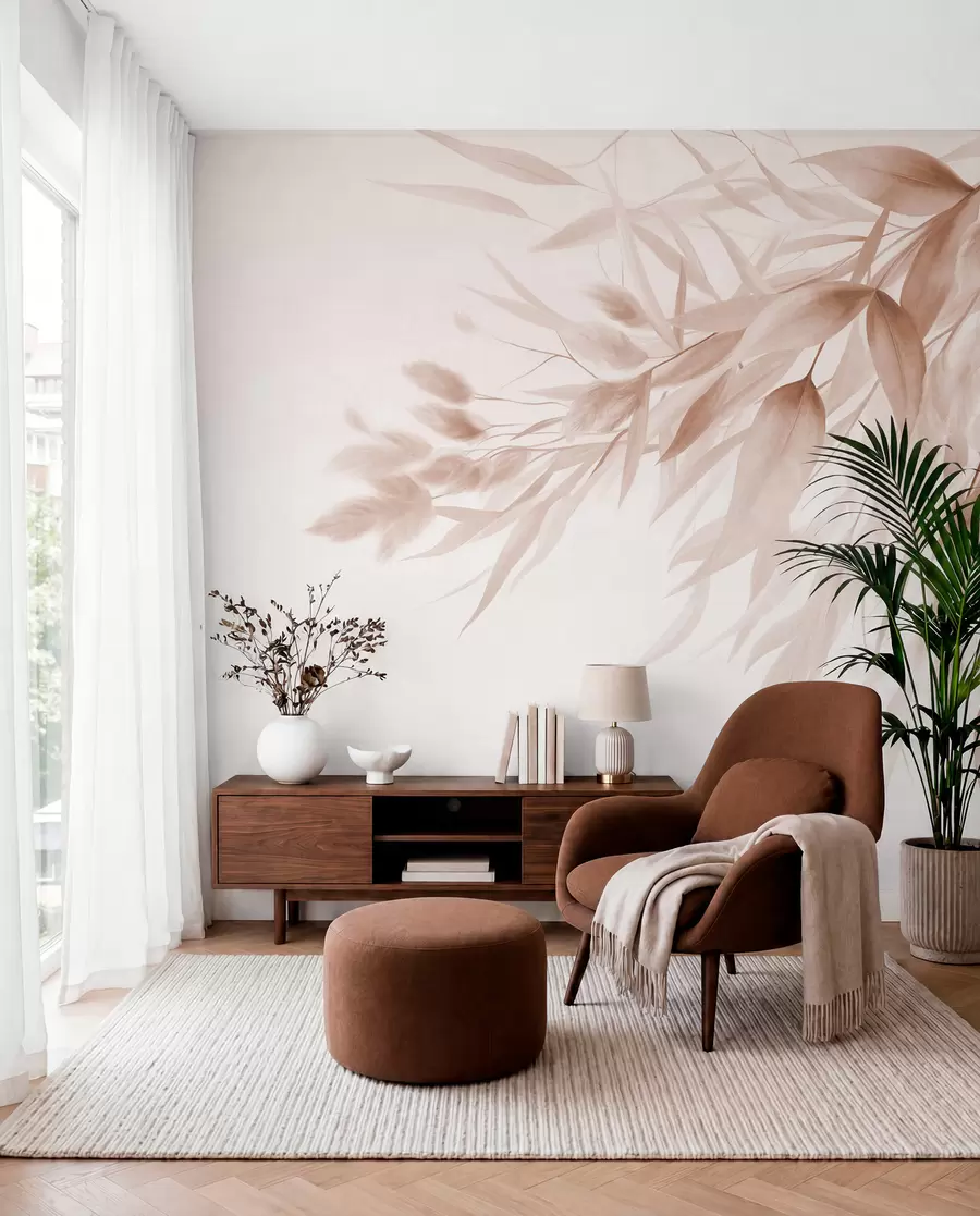 wall murals Textured dried grass, pampas grass and leaves, painted in a soft, watercolor style w09868v1