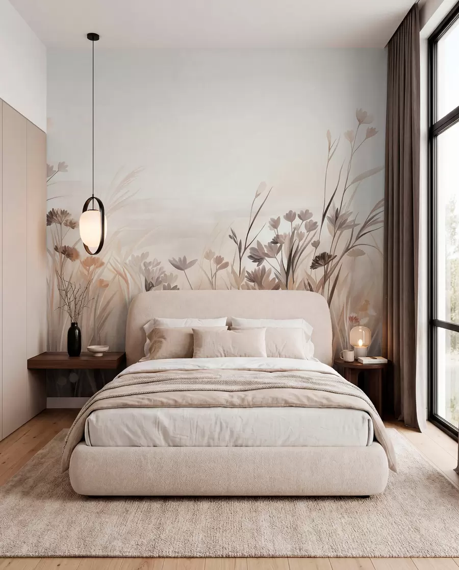 wall murals A field of wildflowers in muted brown and beige tones, with tall grasses and delicate blooms w09872