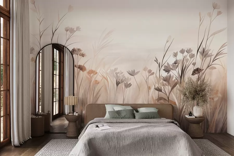 wall murals A field of wildflowers in muted brown and beige tones, with tall grasses and delicate blooms w09872