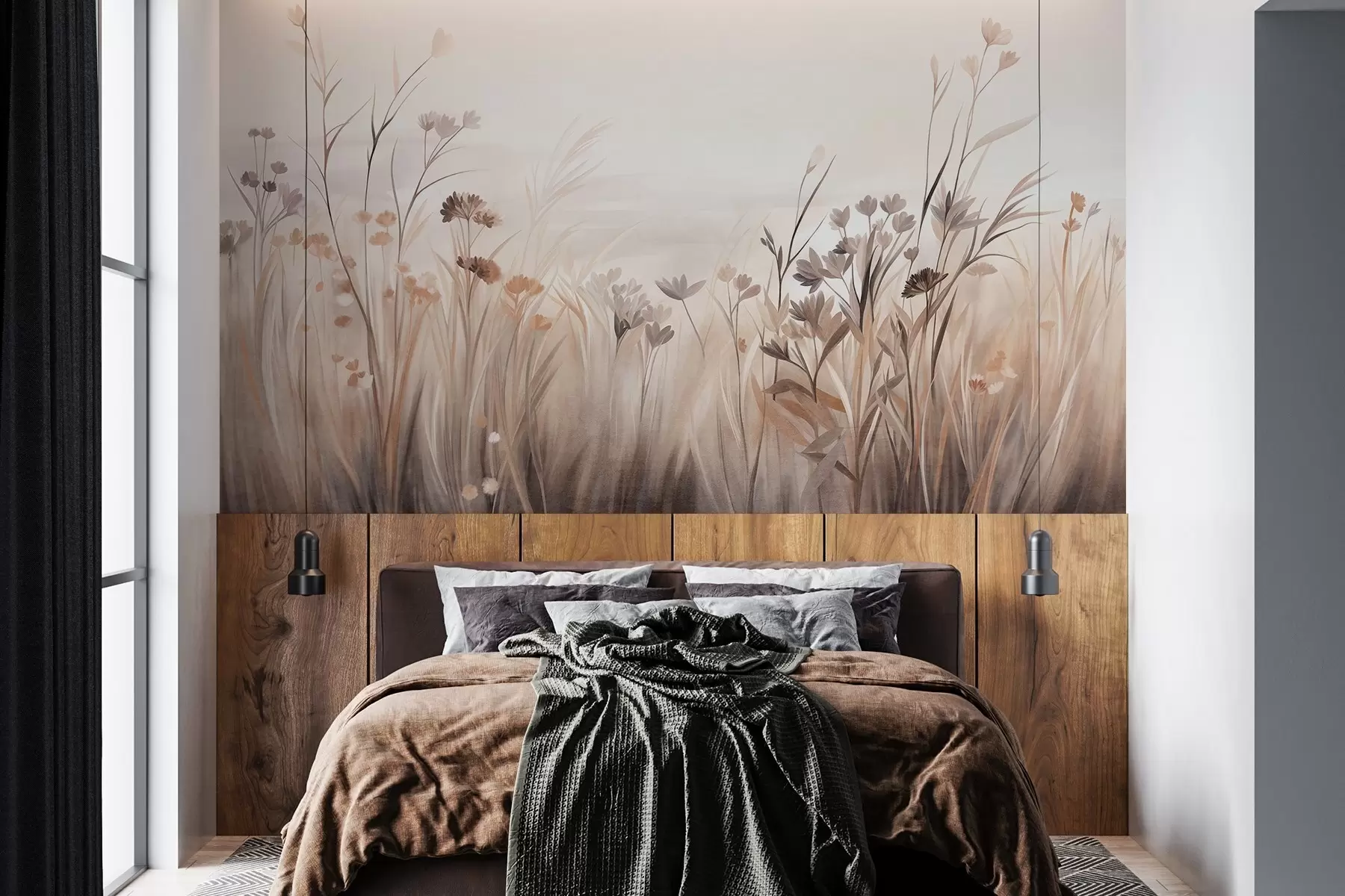 wall murals A field of wildflowers in muted brown and beige tones, with tall grasses and delicate blooms w09872