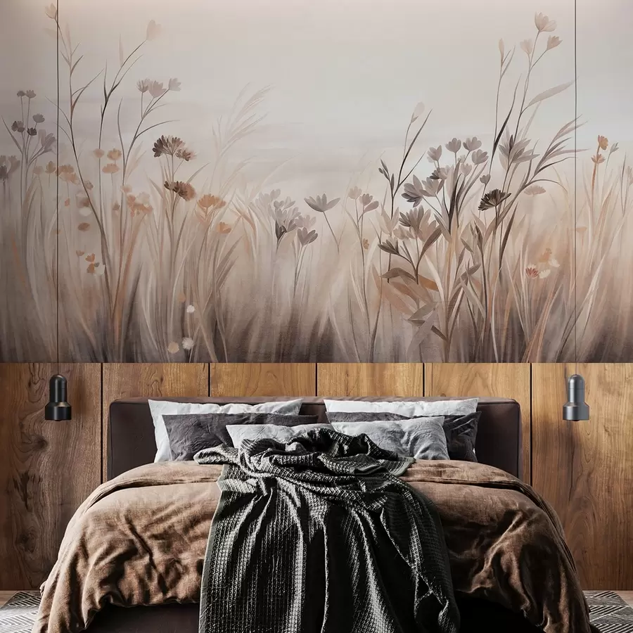 wall murals A field of wildflowers in muted brown and beige tones, with tall grasses and delicate blooms w09872