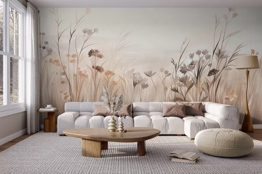 wall murals A field of wildflowers in muted brown and beige tones, with tall grasses and delicate blooms w09872