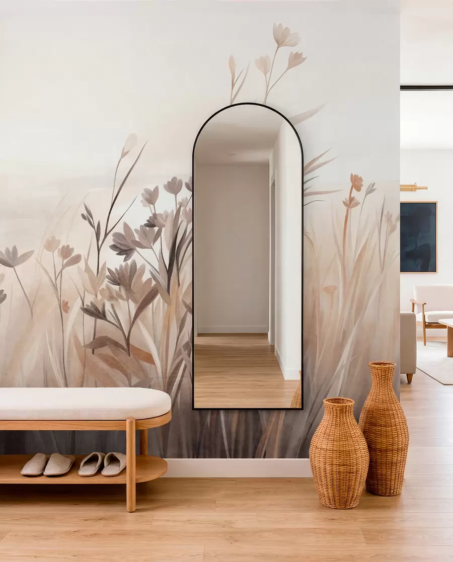 wall murals A field of wildflowers in muted brown and beige tones, with tall grasses and delicate blooms w09872
