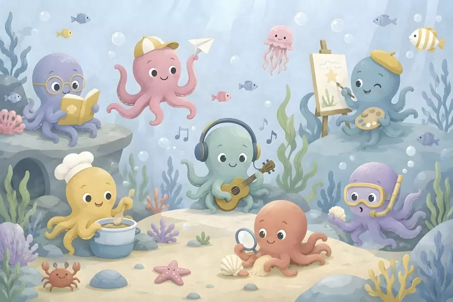 wall murals Cheerful, creative octopuses in the underwater world w05568